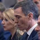 Yolanda Díaz y Pedro Sánchez durante una rueda de prensa, en el Complejo de La Moncloa.