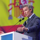 El líder del PP, Alberto Núñez Feijóo, durante su intervención en el XXVIII Congreso del PPE que se celebra en Valencia.