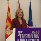 La ministra Pilar Alegría durante la clausura del III Encuentro de Mujeres Dirigentes de UGT.