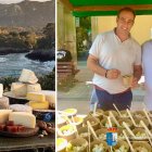 Quesos artesanos de Asturias con paisaje costero de Ribadesella y autoridades locales en la feria.