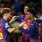 BARCELONA, SPAIN - OCTOBER 21: Marcus Rashford of FC Barcelona celebrates scoring his team's fourth goal with teammates Fermin Lopez and Alejandro Balde during the UEFA Champions League 2025/26 League Phase MD3 match between FC Barcelona and Olympiacos FC at Estadi Olimpic Lluis Companys on October 21, 2025 in Barcelona, Spain. (Photo by Alex Caparros/Getty Images)