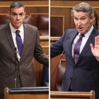 El presidente del Gobierno, Pedro Sánchez, y el líder del PP, Alberto Núñez Feijóo, en la sesión de control al Gobierno