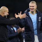 MANCHESTER, ENGLAND - NOVEMBER 02: Pep Guardiola, Manager of Manchester City, interacts with Erling Haaland of Manchester City after the Premier League match between Manchester City and Bournemouth at Etihad Stadium on November 02, 2025 in Manchester, England. (Photo by Michael Steele/Getty Images)