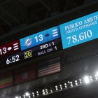 MADRID, SPAIN - NOVEMBER 16: General view inside the stadium showing the scoreboard and attendance of 78,610 during the NFL 2025 game between Washington Commanders and Miami Dolphins at Estadio Santiago Bernabeu on November 16, 2025 in Madrid, Spain. (Photo by Florencia Tan Jun/Getty Images)
