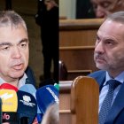 Santos Cerdán (izquierda) atiende a los medios tras salir de prisión. José Luis Ábalos (derecha) hace unos días en el Congreso