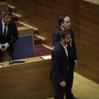 El expresident de la Generalitat, Carlos Mazón, el nuevo president de la Generalitat, Juanfran Pérez Llorca y el portavoz del PSPV-PSOE en Les Corts, José Muñoz tras el pleno de investidura