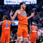 OKLAHOMA CITY, OKLAHOMA - DECEMBER 10:  Chet Holmgren #7 of the Oklahoma City Thunder reacts to a three-point basket during the second half of the Emirates NBA Cup - Quarterfinals game against the Phoenix Suns at Paycom Center on December 10, 2025 in Oklahoma City, Oklahoma. NOTE TO USER: User expressly acknowledges and agrees that, by downloading and or using this photograph, User is consenting to the terms and conditions of the Getty Images License Agreement. (Photo by William Purnell/Getty Images)