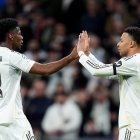 MADRID, SPAIN - JANUARY 20: Kylian Mbappe of Real Madrid celebrates scoring his team's second goal with Aurelien Tchouameni during the UEFA Champions League 2025/26 League Phase MD7 match between Real Madrid C.F. and AS Monaco at Estadio Santiago Bernabeu on January 20, 2026 in Madrid, Spain. (Photo by Angel Martinez/Getty Images)
