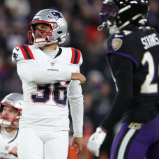BALTIMORE, MARYLAND - DECEMBER 21: Andy Borregales #36 of the New England Patriots watches his field goal against the Baltimore Ravens during the third quarter at M&T Bank Stadium on December 21, 2025 in Baltimore, Maryland. (Photo by Patrick Smith/Getty Images)