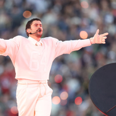 SANTA CLARA, CALIFORNIA - FEBRUARY 08: Bad Bunny performs onstage during the Apple Music Super Bowl LX Halftime Show at Levi's Stadium on February 08, 2026 in Santa Clara, California. (Photo by Chris Graythen/Getty Images)
