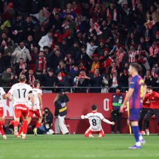 GIRONA, SPAIN - FEBRUARY 16: Fran Beltran of Girona FC celebrates scoring his team's second goal during the LaLiga EA Sports match between Girona FC and FC Barcelona at Montilivi Stadium on February 16, 2026 in Girona, Spain. (Photo by Judit Cartiel/Getty Images)