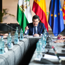 El presidente de la Junta de Andalucía, Juanma Moreno (c), preside la reunión del Comité de Evaluación de Daños y presenta el Plan Andalucía Actúa, con el que se hace frente a los daños ocasionados por el tren de borrascas. A 17 de febrero de 2026 en sevilla (Andalucía, España). El denominado 'Plan Andalucía Actúa' es un plan confeccionado para hacer frente a los daños ocasionados por el 'tren de borrascas' que ha afectado a toda la comunidad en las últimas semanas, a través del cual se destinarán recursos económicos para reparar con urgencia infraestructuras básicas y atender a los sectores económicos mas perjudicados.

María José López / Europa Press
17/2/2026