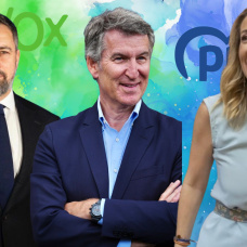 El líder de Vox, Santiago Abascal, el presidente popular Alberto Núñez Feijóo y la presidenta en funciones de la Junta de Extremadura,María Guardiola