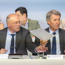 Alberto Núñez Fiejóo, acompañado por el secretario general del PP, Miguel Tellado, preside la reunión de la Junta Nacional del Partido Popular.