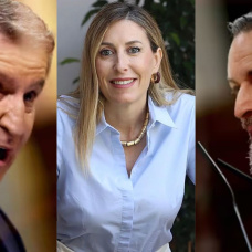 El presidente del PP, Alberto Núñez Feijóo, la presidenta en funciones de la Junta de Extremadura,María Guardiola y el líder de Vox, Santiago Abascal