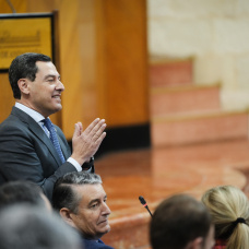 El presidente de la Junta de Andalucía, Juanma Moreno interviene durante el pleno de este jueves.