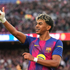 BARCELONA, SPAIN - FEBRUARY 28: Lamine Yamal of FC Barcelona celebrates scoring his team's third goal and completing his hat-trick during the LaLiga EA Sports match between FC Barcelona and Villarreal CF at Spotify Camp Nou on February 28, 2026 in Barcelona, Spain. (Photo by Alex Caparros/Getty Images)