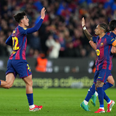 BARCELONA, SPAIN - MARCH 03: Marc Bernal of FC Barcelona celebrates scoring his team's first goal with teammate Raphinha during the Copa Del Rey Semi Final Second Leg match between FC Barcelona and Atlético de Madrid at Camp Nou on March 03, 2026 in Barcelona, Spain. (Photo by Alex Caparros/Getty Images)