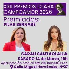 Cartel del PSOE de Benetúuser de los premios Clara Campoamor a Sarah Santaolalla y Pilar Bernabé