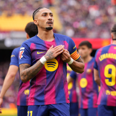 BARCELONA, SPAIN - MARCH 15: Raphinha of FC Barcelona celebrates scoring his team's first goal during the LaLiga EA Sports match between FC Barcelona and Sevilla FC at Spotify Camp Nou on March 15, 2026 in Barcelona, Spain. (Photo by Alex Caparros/Getty Images)