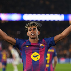 BARCELONA, SPAIN - MARCH 18: Lamine Yamal of FC Barcelona celebrates scoring his team's third goal from the penalty spot during the UEFA Champions League 2025/26 Round of 16 Second Leg match between FC Barcelona and Newcastle United FC at Camp Nou on March 18, 2026 in Barcelona, Spain. (Photo by Alex Caparros/Getty Images)