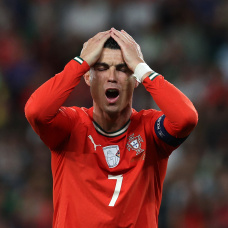 LISBON, PORTUGAL - OCTOBER 11: Cristiano Ronaldo of Portugal reacts during the FIFA World Cup 2026 qualifier match between Portugal and Republic of Ireland at Estadio Jose Alvalade on October 11, 2025 in Lisbon, Portugal. (Photo by Carlos Rodrigues/Getty Images)