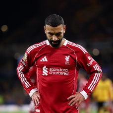 WOLVERHAMPTON, ENGLAND - MARCH 03: Mohamed Salah
 of Liverpool reacts during the Premier League match between Wolverhampton Wanderers and Liverpool at Molineux on March 03, 2026 in Wolverhampton, England. (Photo by Dan Istitene/Getty Images)