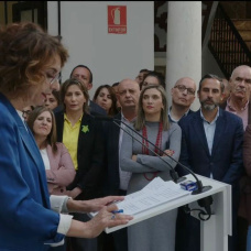 María Jesús Montero en su comparecencia ante las caras de circunstancias de dirigentes del PSOE de Andalucía