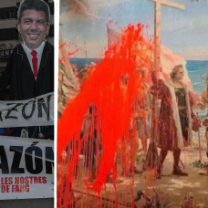 El sindicato CGT con su muñeco de Mazón y el cuadro de Colón vandalizado por Futuro Vegetal