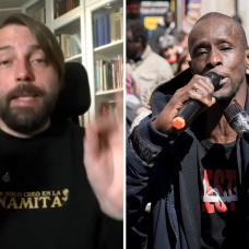 El periodista Soto Ivars (izq.) y el exdiputado de Podemos, Serigne Mbaye, durante una protesta en Lavapiés (der.)