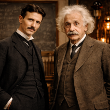 IMAGEN GENERADA POR IA. A la izquierda, Tesla, a la derecha Einstein