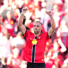 MALLORCA, SPAIN - APRIL 04: Vedat Muriqi of RCD Mallorca celebrates scoring his team's second goal during the LaLiga EA Sports match between RCD Mallorca and Real Madrid CF at Estadio Daredevil Son Moix on April 04, 2026 in Mallorca, Spain. (Photo by Alex Caparros/Getty Images)