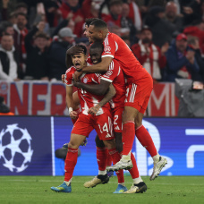 MUNICH, GERMANY - APRIL 15: Luis Diaz of FC Bayern Munich celebrates scoring his team's third goal with teammates during the UEFA Champions League 2025/26 Quarter-Final Second Leg match between FC Bayern München and Real Madrid CF at Football Arena Munich on April 15, 2026 in Munich, Germany. (Photo by Lars Baron/Getty Images)
