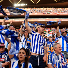 SEVILLE, SPAIN - APRIL 18: Fans of Real Sociedad hold up their scarves to show support for the team prior to the Copa Del Rey Final match between Real Sociedad and Atletico de Madrid at Estadio de La Cartuja on April 18, 2026 in Seville, Spain.  (Photo by Fran Santiago/Getty Images)