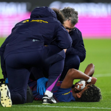 BARCELONA, SPAIN - APRIL 22: Lamine Yamal of FC Barcelona reacts to an injury after scoring his team's first goal during the LaLiga EA Sports match between FC Barcelona and RC Celta de Vigo at Spotify Camp Nou on April 22, 2026 in Barcelona, Spain. (Photo by Alex Caparros/Getty Images)
