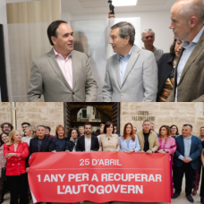 Arriba, Juanfran Pérez Llorca, junto al Conseller de Sanidad, Marciano Gómez y el alcalde de Moncofar, Wences Alós, visitan las obras del centro de Salud de la localidad. Abajo, el PSPV celebra el 25 de abril en la puerta de Les Corts