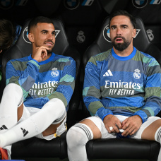 MADRID, SPAIN - APRIL 21: Dani Ceballos and Daniel Carvajal of Real Madrid on the bench prior to the LaLiga EA Sports match between Real Madrid CF and Deportivo Alaves at Estadio Santiago Bernabeu on April 21, 2026 in Madrid, Spain. (Photo by Denis Doyle/Getty Images)