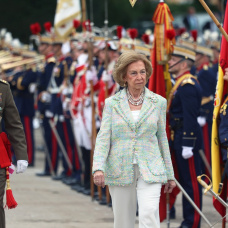 La Reina Sofía en el acto de Jura de Bandera de personal civil en el Acuartelamiento "El Rey" de la Guardia Real en Madrid.