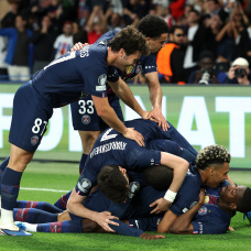 PARIS, FRANCE - APRIL 28: Ousmane Dembele of Paris Saint-Germain celebrates scoring his team's fifth goal with team mates during the UEFA Champions League 2025/26 Semi Final First Leg match between Paris Saint-Germain and FC Bayern München at Parc des Princes on April 28, 2026 in Paris, France. (Photo by Alexander Hassenstein/Getty Images)