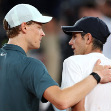 MADRID, SPAIN - APRIL 29: Jannik Sinner of Italy embraces Rafael Jodar of Spain after the Men's Singles Quarter Final match on Day Ten of the Mutua Madrid Open at La Caja Magica on April 29, 2026 in Madrid, Spain.  (Photo by Clive Brunskill/Getty Images)