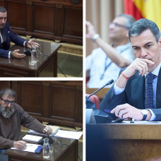 Víctor de Aldama y Koldo García durante sus declaraciones en el Supremo (izq.) y Pedro Sánchez (der.)