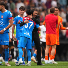 VALENCIA, SPAIN - MAY 02: Diego Simeone, Head Coach of Atletico de Madrid, greets Iker Luque after the LaLiga EA Sports match between Valencia CF and Atletico de Madrid at Estadi de Mestalla on May 02, 2026 in Valencia, Spain. (Photo by Alex Caparros/Getty Images)