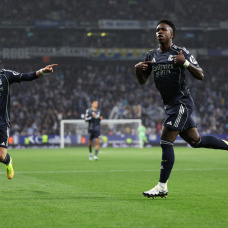 BARCELONA, SPAIN - MAY 03: Vinicius Junior of Real Madrid celebrates scoring his team's first goal during the LaLiga EA Sports match between RCD Espanyol de Barcelona and Real Madrid CF at RCDE Stadium on May 03, 2026 in Barcelona, Spain. (Photo by Judit Cartiel/Getty Images)