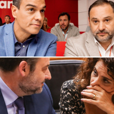 El presidente del Gobierno, Pedro Sánchez, con Ábalos en un mitin del PSOE (arriba); y la candidata del PSOE en Andalucía, María Jesús Montero, con Ábalos en el Congreso (abajo).