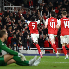 LONDON, ENGLAND - MAY 05: Bukayo Saka of Arsenal celebrates scoring his team's first goal during the UEFA Champions League 2025/26 Semi Final Second Leg match between Arsenal FC and Atletico de Madrid at Arsenal Stadium on May 05, 2026 in London, England. (Photo by Shaun Botterill/Getty Images)