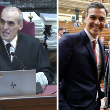 El fiscal Anticorrupción, Alejandro Luzón (izq.); y Pedro Sánchez junto a José Luis Ábalos en el Congreso (der.)