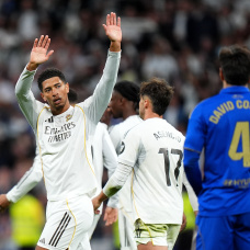Jude Bellingham anota el 2-0 ante el Oviedo en el minuto 80 del partido en el Bernabéu. (Photo by Angel Martinez/Getty Images)