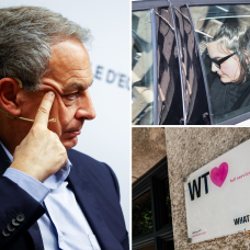 El expresidente del Gobierno, José Luis Rodríguez Zapatero; una de sus hijas saliendo de la empresa 'What The Fav' tras su registro; y el cartel de la entrada de dicha empresa.