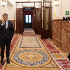 El presidente del PP, Alberto Núñez Feijóo, conversa por teléfono tras una sesión plenaria en el Congreso.