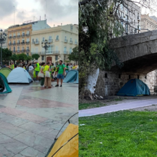 a la izquierda la acampada pro-profesores y a la derecha un asentamiento ilegal en el antiguo cauce del rio turia